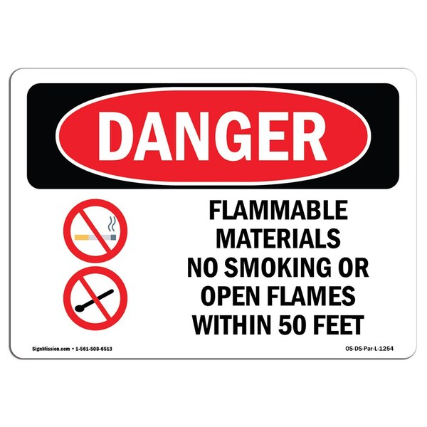 Signmission OSHA, Flammable Materials No Smoking 50 Feet, 24in X 18in Rigid Plastic, 18" W, 24" L, Landscape OS-DS-P-1824-L-1254 - main
